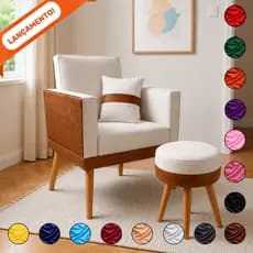 Poltrona para Sala Decorativa Lis com Almofada e Puff Redondo Corino Peroba e Suede Aninha Poltronas