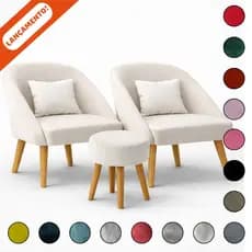 Kit 2 Poltronas Decorativa Para Sala Lua com Almofada e 1 Puff Redondo Suede Aninha Poltronas