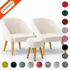Kit 2 Poltronas Decorativo Para Sala Lua e 1 Puff Redondo Sala Pés Palito Suede