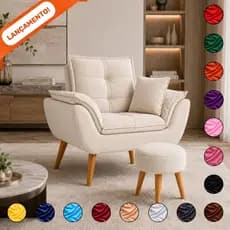 Kit Poltrona Decorativa Com Almofada para Sala Opala e Puff Redondo Suede