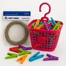 🧺Kit Varal Completo 50 Prendedores P+Cesto Reforçado+20m de Varal em Aço com PVC