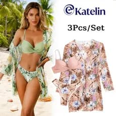 Conjunto Biquíni Feminino De Três Peças Saída De Praia Quimono Florido