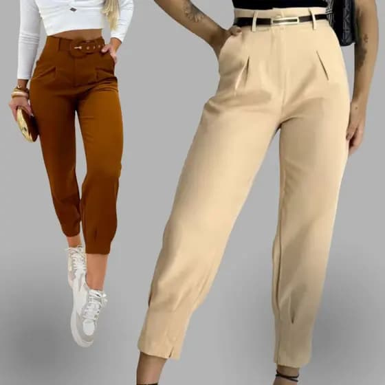 calça alfaiataria, modelo cenoura, moda feminina, elegante, cintura alta, para trabalho.