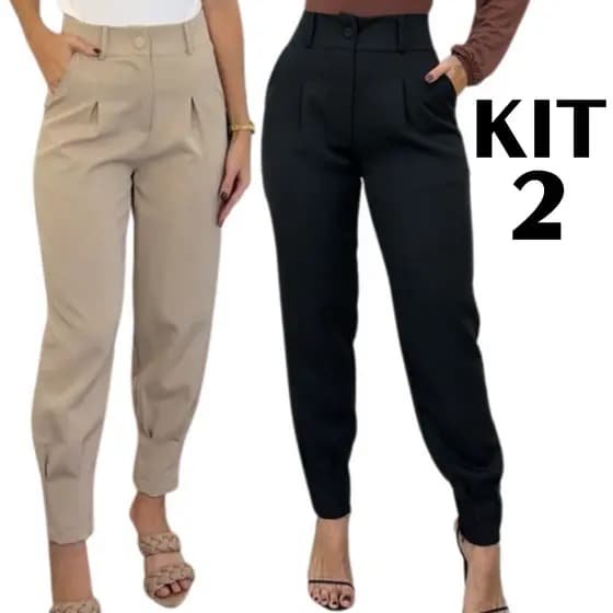 Kit2 Calça Feminina Alfaiataria Moda Cenoura Cintura Alta Preta e Bege P ao GG em  Alta