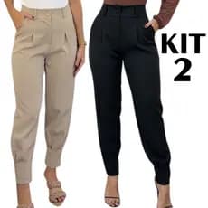 Kit2 Calça Feminina Alfaiataria Moda Cenoura Cintura Alta Preta e Bege P ao GG em  Alta