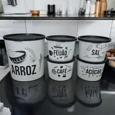 Jogo Porta Mantimento Conjunto 5 Peças Branco Com Tampa (Pote Arroz 4,5kg) + (4 Potes p/ 1kg)