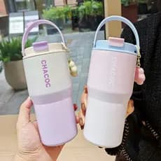 Copo Térmico 600ml/900ml em Aço Inoxidável SUS304 Design Gradiente com Alça e Pingente Florzinha Mantém Frio e Quente