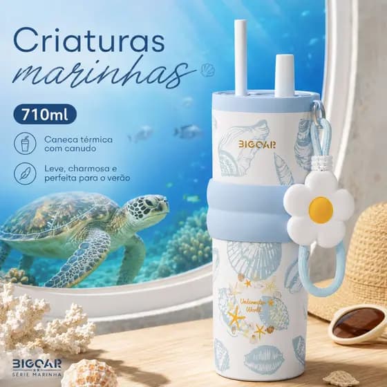 Copo Térmico 710ML Em Aço Inoxidável De Grau Médico De Parede Dupla, Série Oceano, Com Capa Antiderrapante