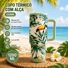 Copo Térmico 1200ml com Alça e Canudo Estampado Fauna Pássaro Tucano Arara Copo Térmico Tropical Fauna
