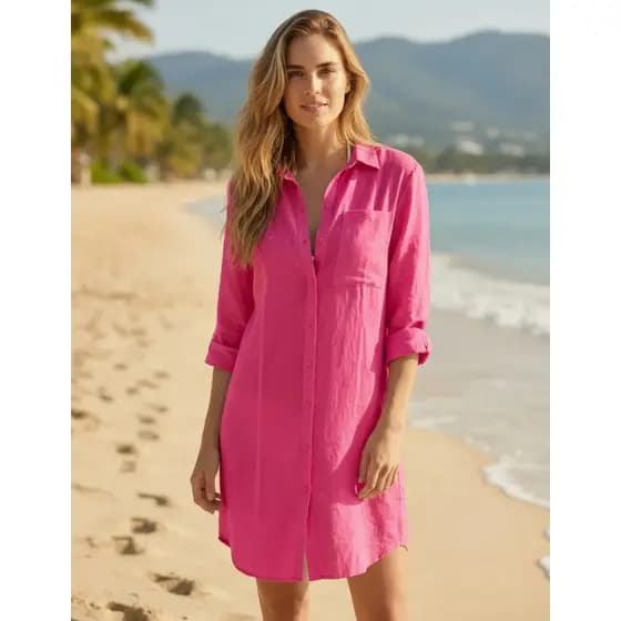 Chemise Saidinha De Praia Elegante Manga Longa Camisão De Praia Canga Kimono Chamise Linho Premium