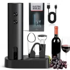 Kit Saca-Rolhas Elétrico Recarregável Type-C Abre Garrafa em+Tapão de Vácuo+Cortador de Lâmina + Base de Armazenamento
