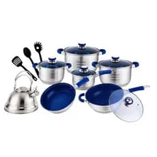 Jogo de Panelas 16 Peças Aço Inox Antiaderente Marmorizado Azul com Chaleira Tampas de Vidro e Utensilios Preto