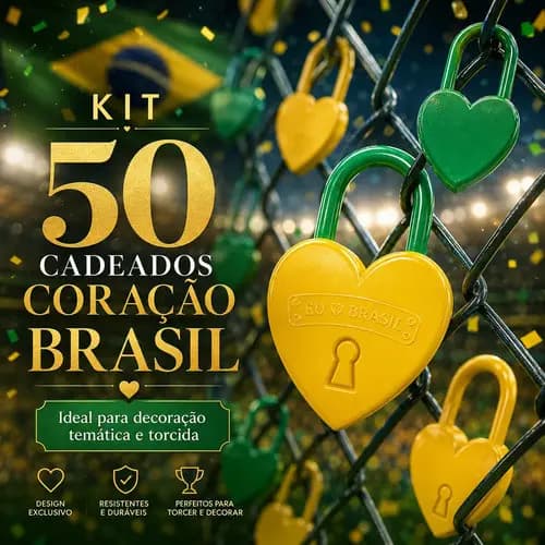 Kit 50 Cadeados Coração Brasil Verde Amarelo Torcida Copa Decoração Lembrancinha Festa
