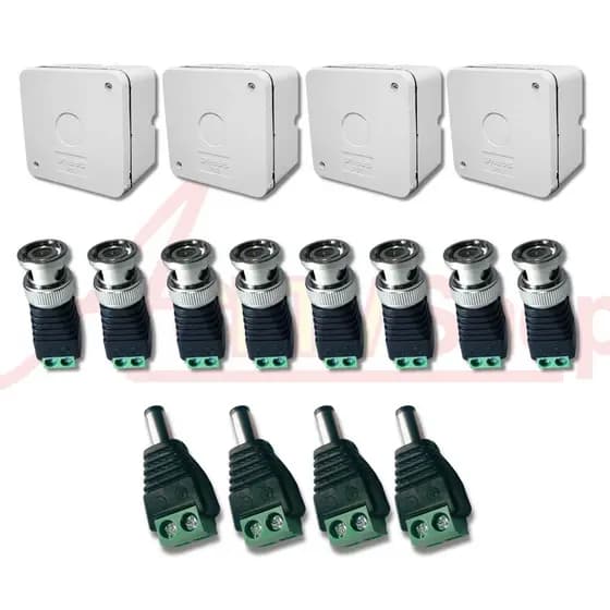 KIT 4 Caixas Sobrepor Stilus Simples Branca com 8 Conectores BNC & 4 Conectores P4 Macho CFTV