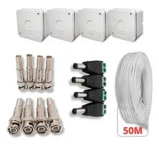KIT CFTV 50 Metros de Cabo Coaxial 4mm + Conectores 8 BNC & 4 P4 + 4 CaixaS de Proteção Branca