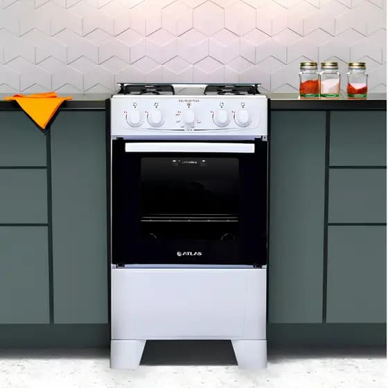 Fogão de chão Atlas Coliseum Plus A Gás 4 queimadores Branco Mesa de Inox Porta com visor e Forno de 48 Litros