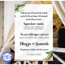 Placa Decorativa Bem-Vindo Entrada Casamento Folhagem Verde Fundo Branco Sabemos que