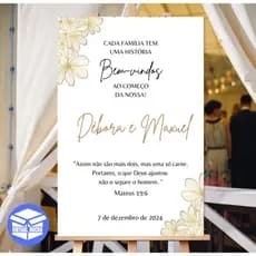 Placa Decorativa Entrada Casamento Bem-Vindo Folhagem Dourada MDF