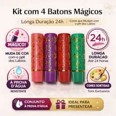 Kit com 4 Batons Mágicos | Longa Duração 24h, Cores que Mudam com o PH dos Lábios à prova d'água