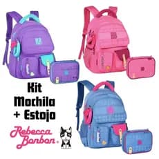 Kit Bolsa Escolar + Estojo Rebeca Bonbon RB Original Infantil Feminino Pelúcia Rosa Lilás Azul