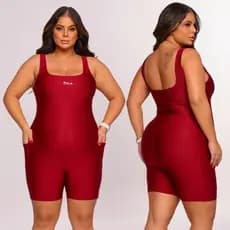Macaquinho Para Academia Plus Size Short Suplex Fitness Moda Feminina Confortável Com Bolso Zero Transparência