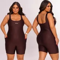 Macaquinho Fitness Para Academia Short Suplex Plus Size Moda Feminina Confortável  Zero Transparência Com Bolso