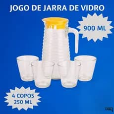Kit Jarra 900ml com 4 Copos 250ml Conjunto Vidro Resistente  Suco Água e Drinks Jarra com Copos Mesa