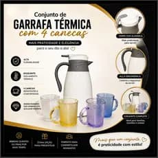 Conjunto Garrafa Térmica 1 Litro com 4 Canecas Kit Café Chá Mesa Posta Luxo Premium Moderna Elegante