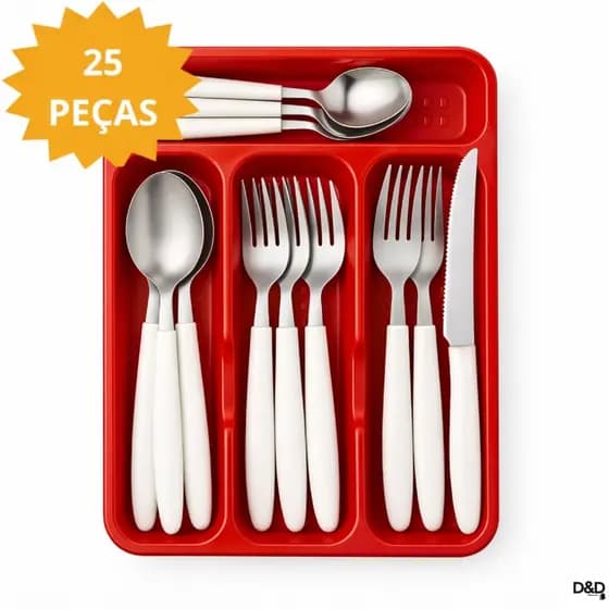 Jogo de Talheres Inox 25 Peças com Porta Talher Faqueiro Completo Cozinha Preto Vermelho resistentes