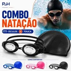 Kit Natação Óculos Antiembaçante + Touca Silicone Premium: Jovem e Adulto - Piscina Hidroginástica