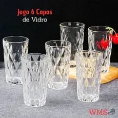 Jogo 6 Copos Diamante Vidro 220ml Cristal Elegante Relevo Geométrico Drinks