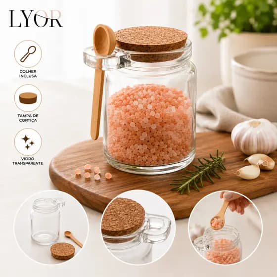 Pote de Vidro com Colher em Bambu e Tampa Rolha 240ml Lyor - Saleiro e Porta Condimento