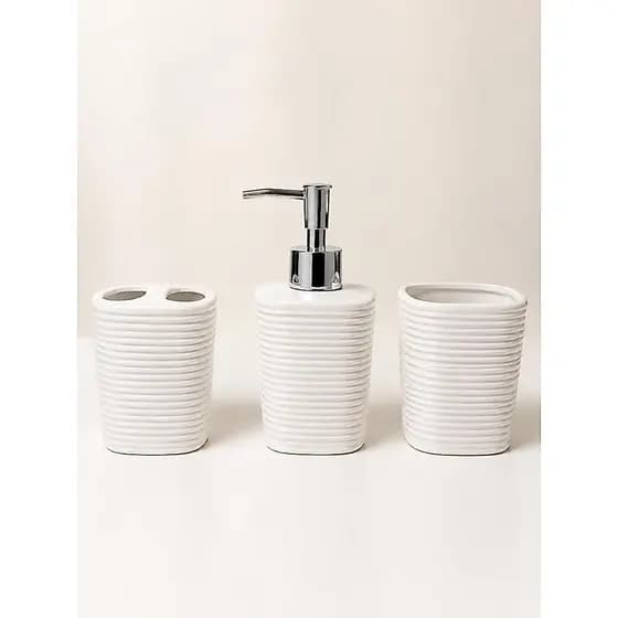 Kit Banheiro Cerâmica 3 Peças Branco Canelado Porta Sabonete Escova e Organizador