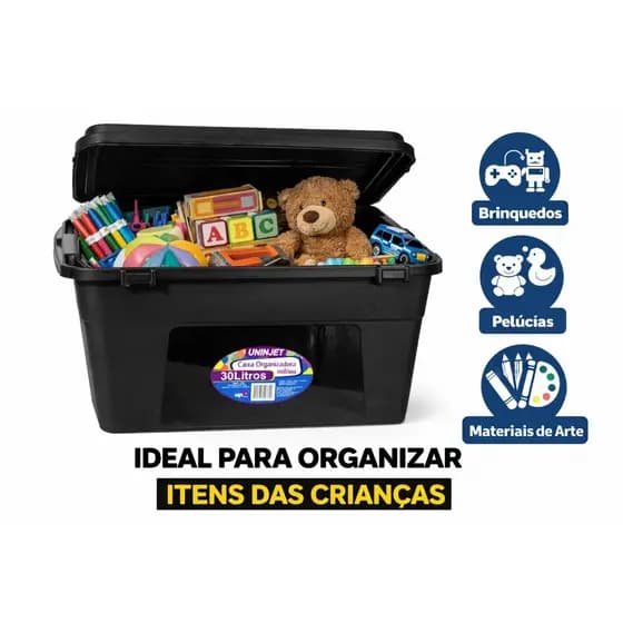 CAIXA ORGANIZADORA PRETA UNINJET COM TRAVAS  30L UNITÁRIA OU KIT 3 PEÇAS