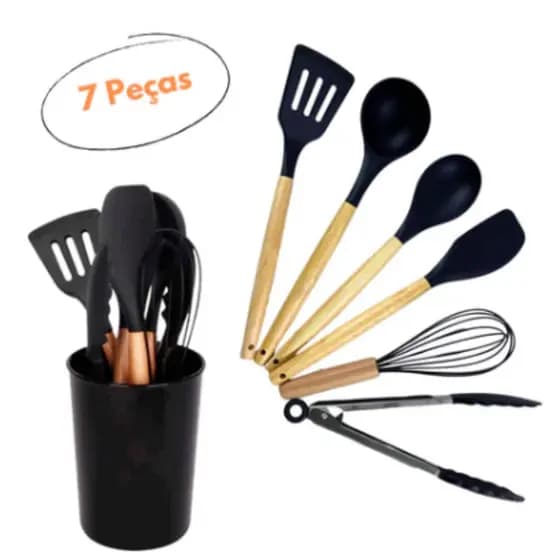 Utensílios de Cozinha Silicone 7 Peças Espátula Concha Fouet Pegador Antiaderente
