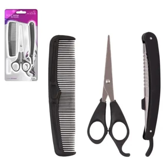 Kit Cabeleireiro Barbeiro Profissional Tesoura Navalha Pente 3 Peças