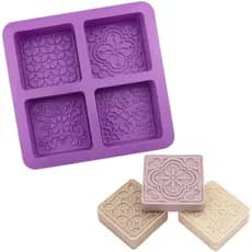 Forma de Silicone Sabonete 110g Formato Quadrado com Desenhos Texturas 4 cavidades Molde Silicone