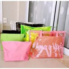 Kit Bolsa de Praia Piscina Transparente Sacola Luxo Feminina Silicone Plástico Grande Impermeável