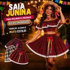 Saia Festa Junina Caipira São João Xadrez Juvenil Adulto Luxo Rodada Elástico Alta Qualidade 36 a 46