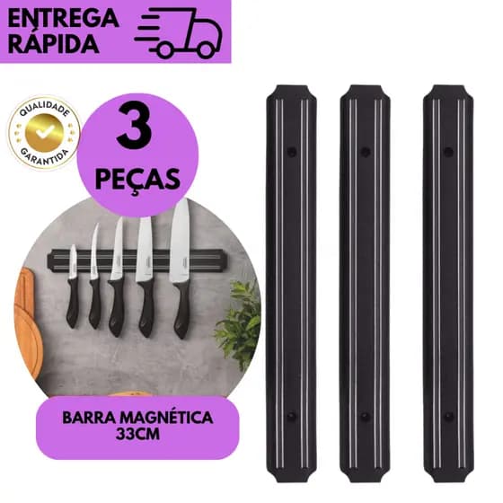 Kits 3 ou 1 Barra Magnética Porta Facas Aço Inox 33cm Parede Cozinha Forte e Segura Ferramentas