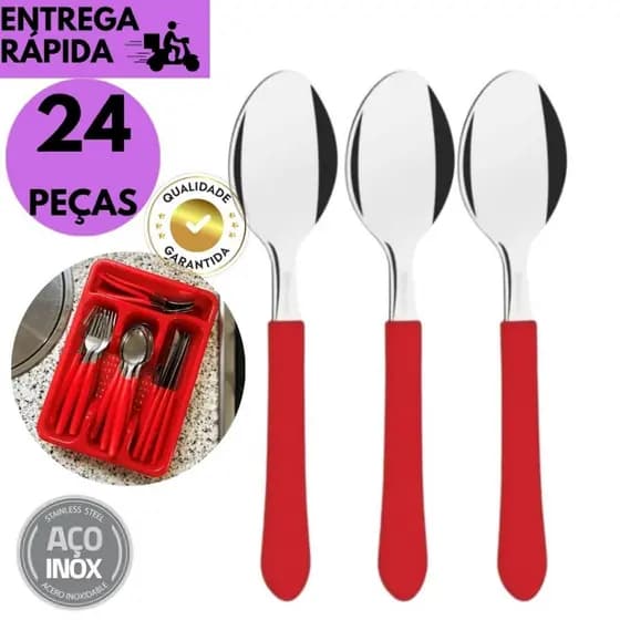Kits 24 ou 12 Colher de Inox para Refeição Cabo Vermelho Resistente Talher Cozinha para Uso Diário