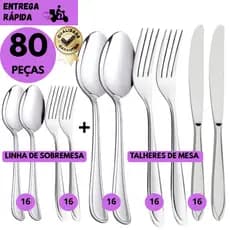kits 80/60 ou 40 Talheres Faqueiro Inox Garfo, Faca e Colher + Garfo e Colher de Sobremesa