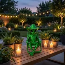 Estatueta Alienígena Cowboy Sentado com Garrafa e Cadeira Decorativa Estilo Geek Gamer