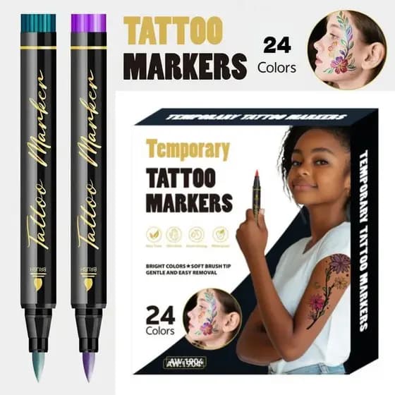 Kit de Tatuagem Temporária 24 Cores | Canetas Corporais Seguras e Não Tóxicas – Perfeitas para Festas e Look Artístico