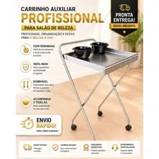 Carrinho Auxiliar Profissional em Aço Inox para Salão com Rodinhas Dobrável com 2 Tigelas