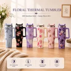 Copo Térmico Floral 1200ml em Inox com Alça, Tampa e Canudo – Estilo e Funcionalidade