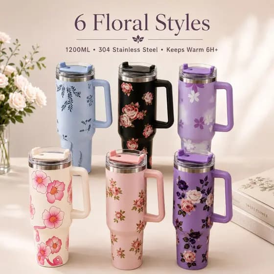 Copo Garrafa Térmico Inox Portátil 600ML Com Canudo Alça Desenho de flores para Crianças