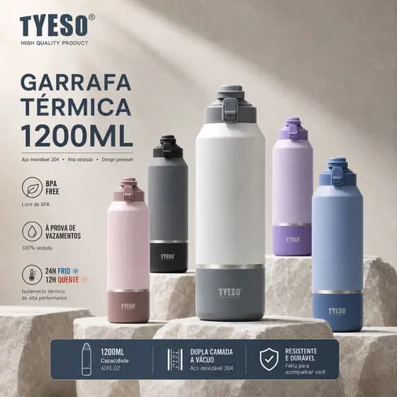 NOVO LANÇAMENTO TYESO 1200ml Garrafa Térmica Esportiva  Grande Capacidade, Tampa Flip Alça Portátil, Ideal p Outdoor