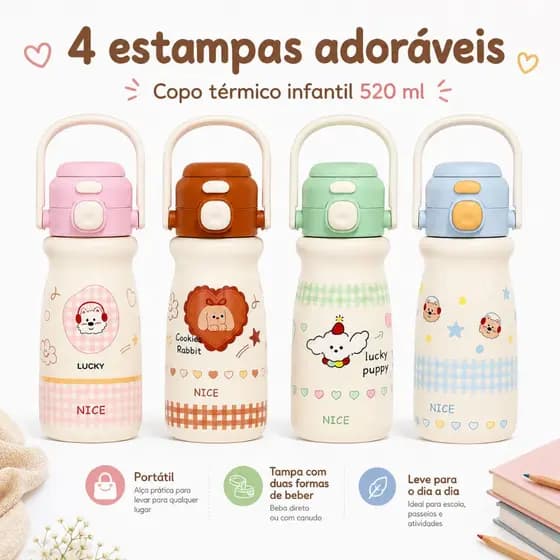 Copo Térmico para Bebês 520ml | Tampa Dupla (Canudo + Direto) | Alça Prática | Leve para Escola