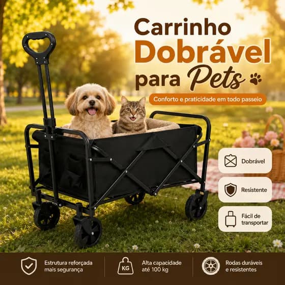 Carrinho Dobrável Pet Cães e Gatos Reforçado 100kg Rodas 360°